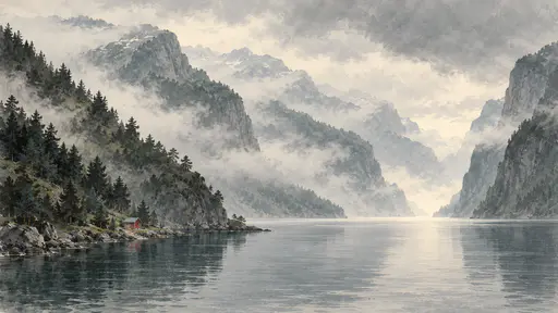 A misty fjord painted in soft ink dabs, dark pines on a headland at left, pale ridges fading into fog and a single red boathouse on the shore.