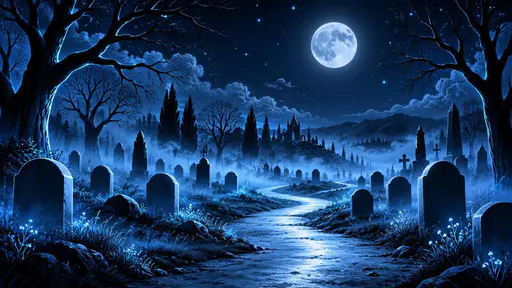 A moonlit graveyard path with mist and headstones.