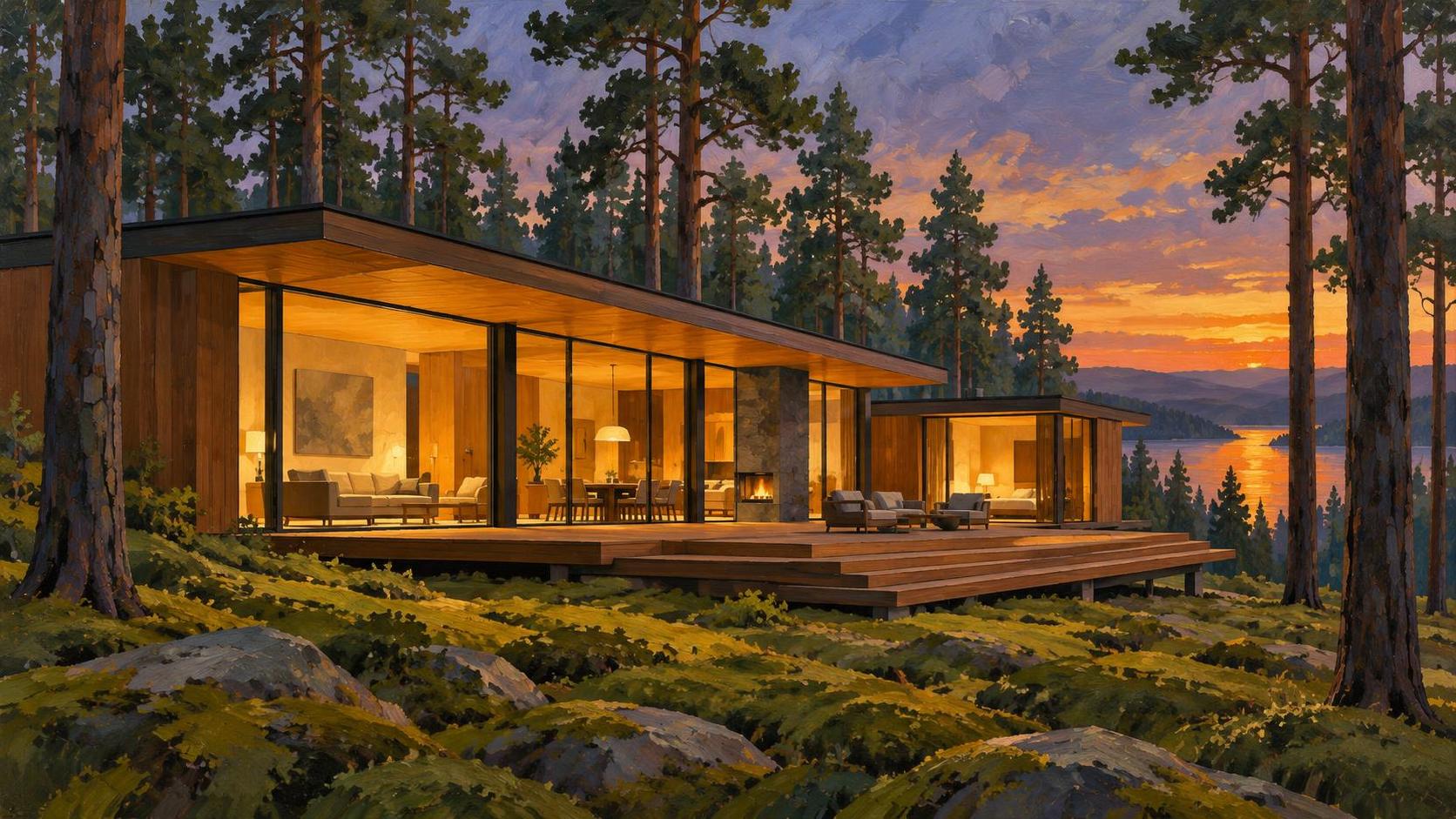 A modern luxury cabin in a pine forest has long low timber and glass volumes with a flat roof and warm light glowing from tall windows at dusk beside a wooden deck and mossy ground.