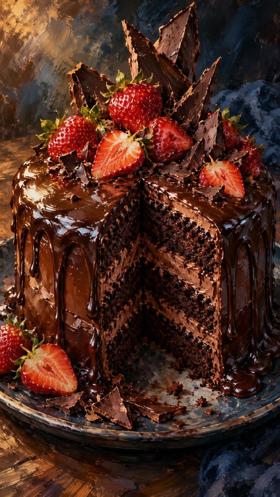 A decadent chocolate cake with glossy ganache, chocolate shards and ripe strawberries on top has a slice cut out and sits on a dark plate.