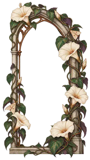 Botanical illustration border of an asymmetrical arched window frame traced by moonflower vines and two pale moths, drawn in fine copperplate linework with deep aubergine, oxidized green and copper gouache accents; the wide crescent-shaped centre stays fully transparent as a safe area for overlaying artwork or text.