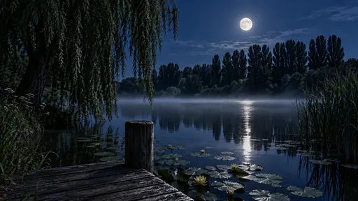 Thin fog reforms low over a still pond under a bright full moon with a weeping willow, a jetty post, a reed bed and a far line of poplars dark against a deep blue sky and a silver path across the water.