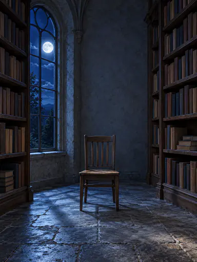 Moonlit library alcove portrait background: an empty wooden chair sits centered between quiet bookshelves of unmarked books, blue moonlight pouring from a tall arched window onto a visible flagstone floor, the middle of the frame left open as clear insertion space for a portrait subject.