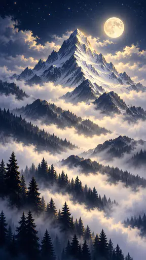 A mountain rises out of thick white fog with dark pine slopes emerging below a pale sky and layered ridges fading into mist.