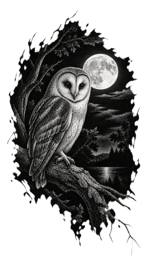 A scratchboard slice of an owl on a branch under a full moon, scratched white lines through black ink dissolving into bare strokes on transparency.