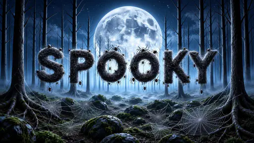 Dark web-wrapped capital letters spell SPOOKY across a blue moonlit forest. Black spiders crawl and hang from the letters. A huge full moon glows behind bare tree trunks, while silver orb webs span mossy foreground rocks and roots above low blue mist.