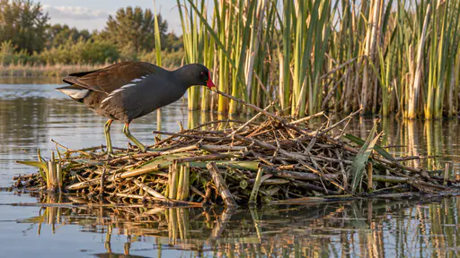 A moorhen with a red and yellow bill places one dry twig on a floating reed nest platform at the edge of a still pond in low golden evening light with reed stalks behind it.