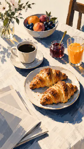 A breakfast table seen from above has a cup of coffee, a plate of two croissants, a jar of jam, a bowl of fruit and a glass of orange juice on a linen cloth in gouache.
