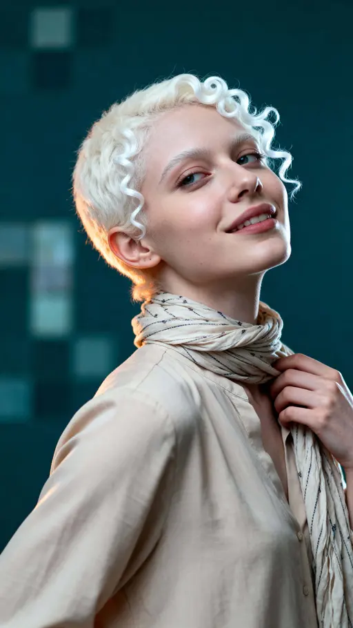 Cinematic shoulders-up portrait of a late-twenties Moroccan woman with albinism against a dark teal, softly mosaic-blurred background, wearing a sand blouse and patterned scarf.