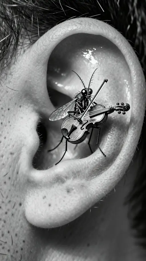 A hyper-realistic black-and-white macro photograph of a mosquito playing a violin inside a human ear, with every hair and insect detail rendered in extreme sharpness and texture.