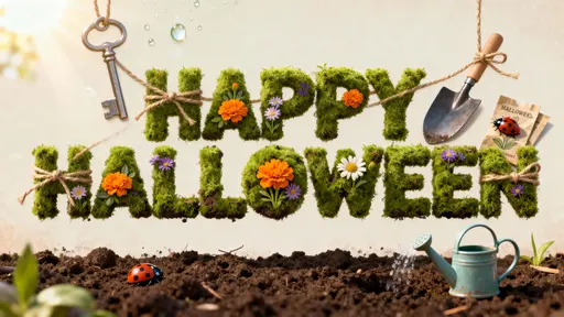 Center-framed moss 'HAPPY HALLOWEEN' letters in a 16:9 photo-real 3D render with marigold and aster inlays, twine ties, tiny tools and ladybugs, dew sparkle and soil baseline, colors #4A7A2B #F29E2E #6B4FBF #8B6A43 #2E2A25 #D7263D.