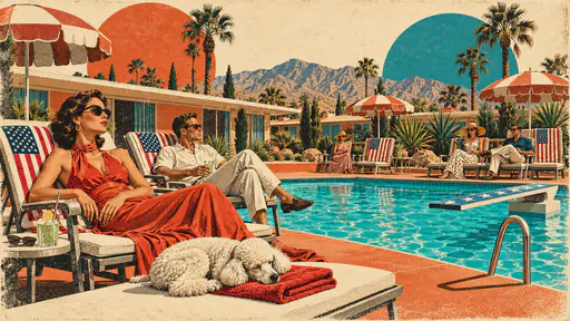 Motel pool scene with flag patterned towels and umbrellas and adults lounging on deck chairs.