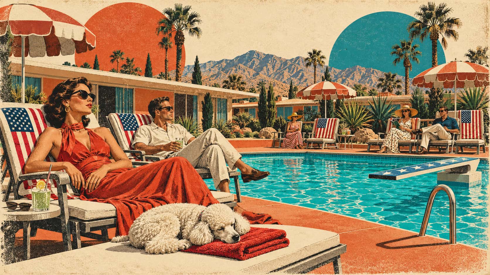 Motel pool scene with flag patterned towels and umbrellas and adults lounging on deck chairs.