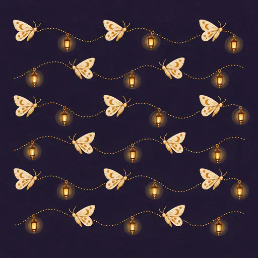 Halloween moth repeat-pattern concept: small cream moths with open wings travel left to right along gently curved pale-gold dotted routes that interlock across a deep indigo-plum ground, passing tiny amber lanterns with soft halos at the waypoints. Deliberate staggered layout study for a moth halloween repeat pattern, fully inside the frame with clear margins on every side.