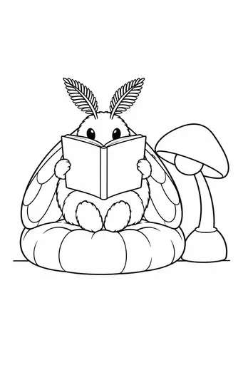 Black-and-white coloring page of a plump moth sitting upright on a round floor cushion, reading a large blank book under a mushroom lamp with a curved stem and rounded cap. Bold closed contours, large areas to color; printable cozy halloween sheet.