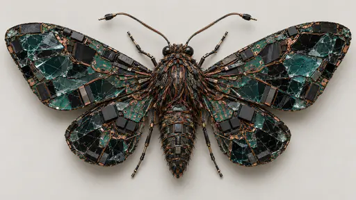 A moth with spread wings of broken screen fragments, a furry body of tangled fine wire and coiled cable antennae with plug tips rests on a plain pale studio ground.
