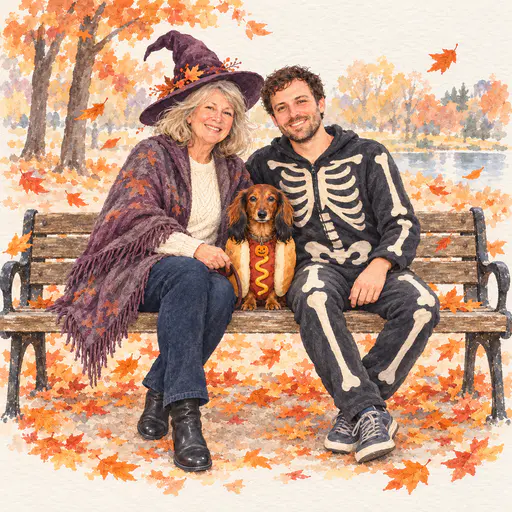 A mother dressed as a witch and her adult son dressed as a skeleton sit on a park bench with a long haired dachshund in a hot dog costume as orange leaves blow past.