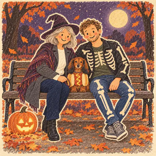 A mother dressed as a witch and her adult son dressed as a skeleton sit on a park bench with a dachshund in a hot dog costume as orange leaves drift past.