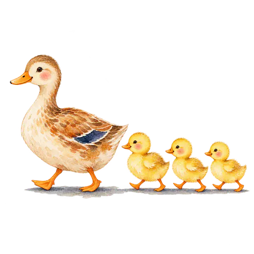 A mother duck walking in profile with three small fluffy yellow ducklings following in a neat line behind her, on a transparent background.