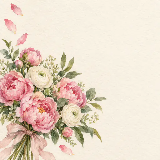 A square cream paper card background with a watercolor bouquet of pink peonies, white ranunculus and leaves tied with a ribbon in the lower left corner, fallen petals along the left edge and a large empty area.