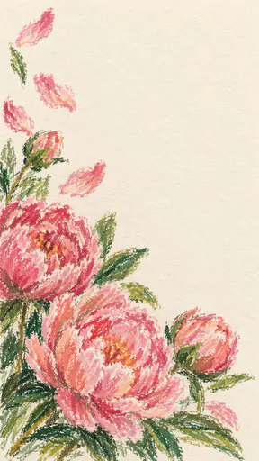 A tall cream paper card background in oil pastel with large scumbled pink and coral peonies, buds and green leaves in the lower left, a few petals drifting up the left edge and a large open area.