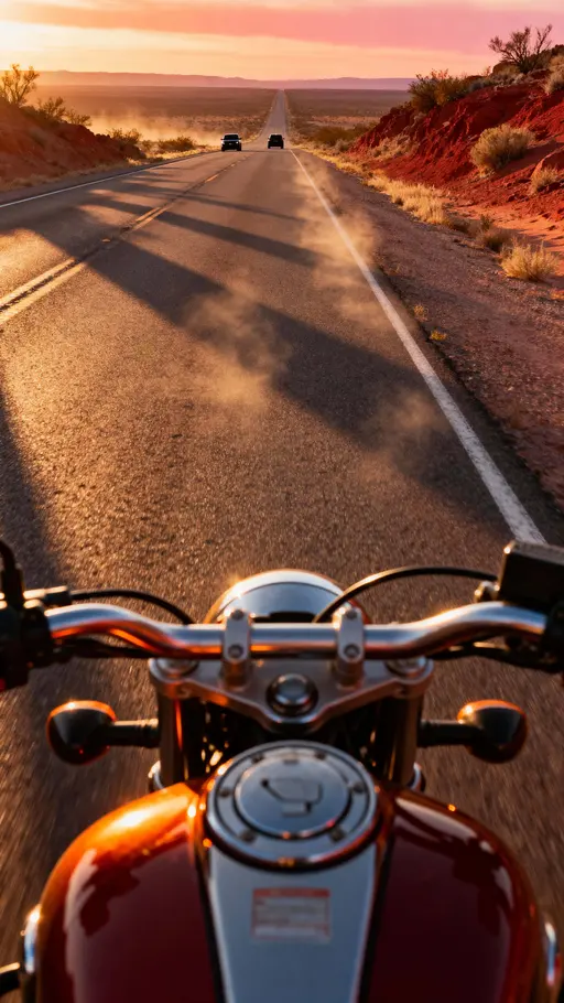 Motorcycle POV on a sunlit desert highway at late afternoon, warm light on handlebars and fuel tank, long empty road stretching to the horizon with sparse distant cars.