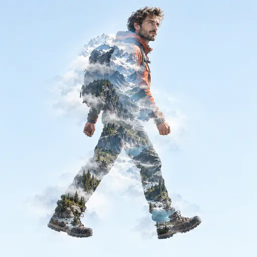 Full-body side view of an invented hiker mid-stride, their silhouette filled with a sunlit alpine valley: a river threads between the legs, slope shadows model the torso, and snow peaks crest the shoulders against a pale sky field.