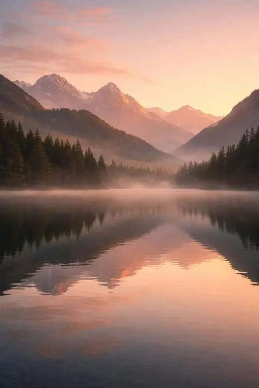 Calm mountain lake at sunrise captured as a landscape photograph in a 2:3 vertical crop, with soft mirror reflections, low mist, and a serene color balance suitable for wallpaper.