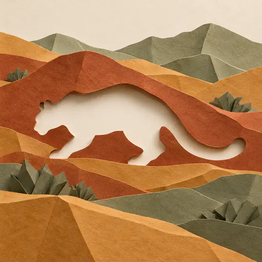 Softly folded thick paper forms dry foothills in rust, ochre and sage with a large crouching mountain lion shaped opening cut through the layers showing plain cream behind and soft shadows.