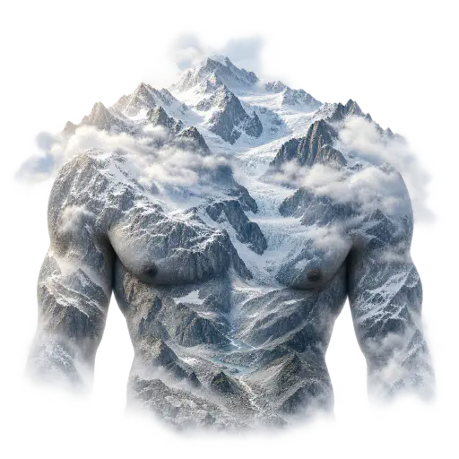 A photographic double exposure of an invented adult torso, shoulders to waist, filled by snow-capped mountain summits rising over the collarbones and a cloud band wrapping the shoulders, the silhouette dissolving into transparency at chest and waist.