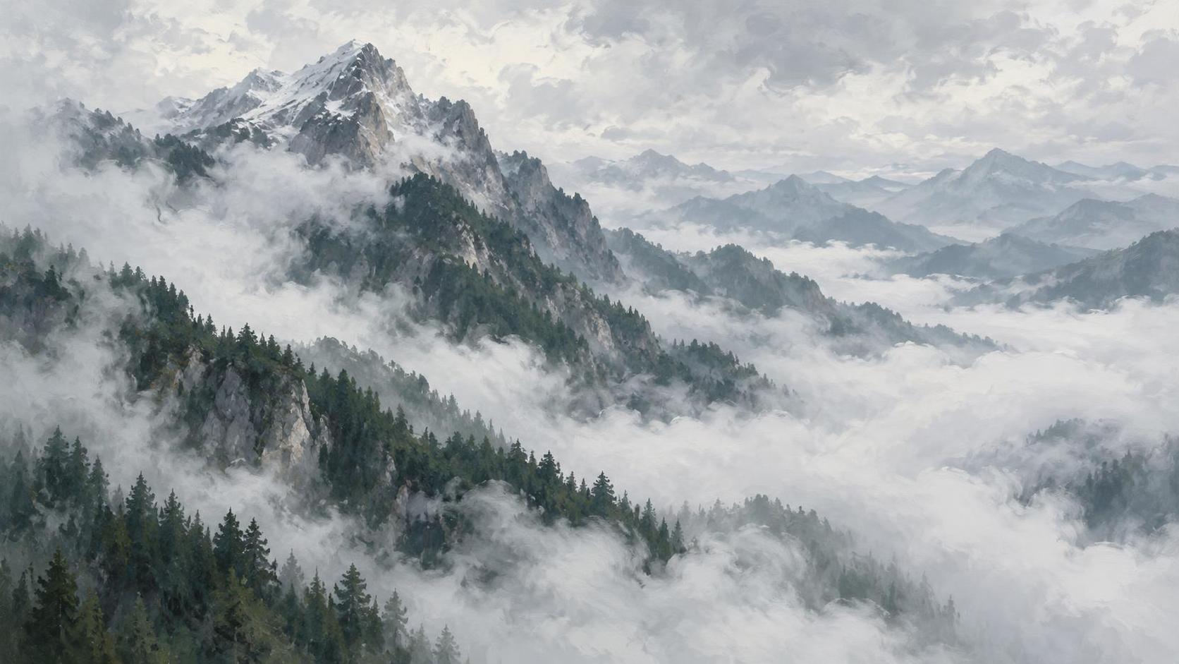 A mountain rises out of thick white fog with dark pine slopes emerging below a pale sky and layered ridges fading into mist.