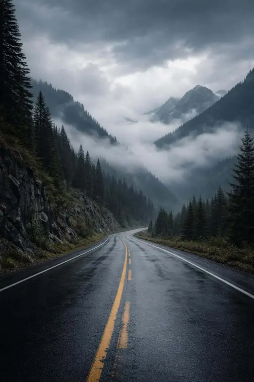 A 2:3 wallpaper-style landscape photograph of a mountain road disappearing into low clouds, captured with moody overcast light and deep tonal range for a poster feel.