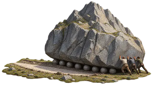 Moving mountains: a whole gray mountain riding sideways on round stone rollers while three small workers press against its base, a fresh scrape and newly exposed pale route behind it, isolated on transparency.