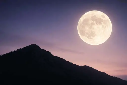 Wide 3:2 landscape photograph of a dark mountain silhouette under an oversized pale moon, with soft twilight tones and generous sky negative space for poster use.