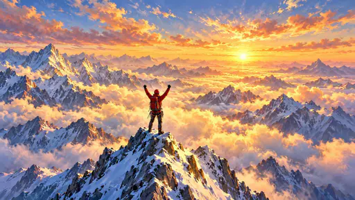 An adult mountaineer in a red jacket and helmet stands atop a jagged peak with arms raised as clouds and distant mountain tops stretch to the horizon in golden light.