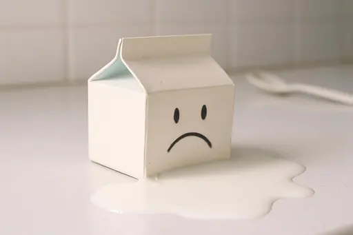 A single overturned milk carton with a drawn sad face sits amid a small pool of milk on a bright kitchen surface, a tongue-in-cheek still life that literalizes the phrase 'crying over spilled milk' with tactile wetness and regretful quiet.