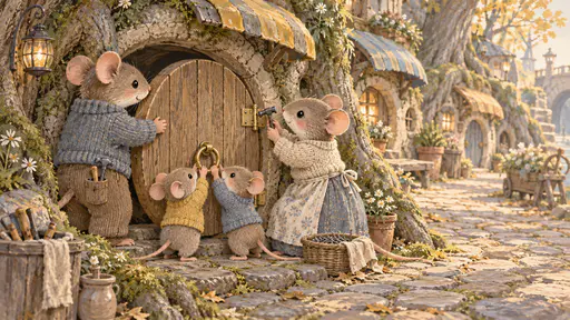A mouse family of four in knitted jumpers fits a new round wooden door into a burrow doorway, the father holding it level while the mother taps the hinge and two children hold up a brass handle in a cobbled lane in amber afternoon light.