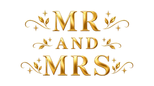 The words MR above AND above MRS in separate gold capital letters with slim swashes, small leaves and stars beside each line, on a transparent background.