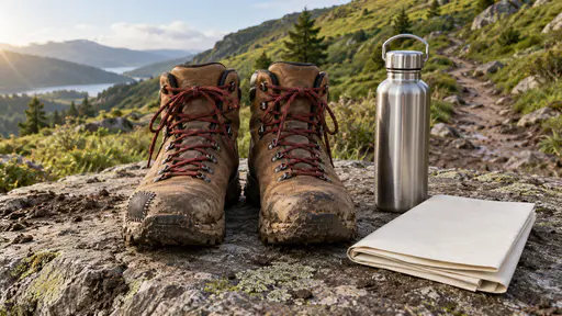 A pair of scuffed tan leather walking boots with dark red laces stand muddy on a trailhead rock beside a folded blank map and a steel water bottle with a green hillside path behind in soft early light.
