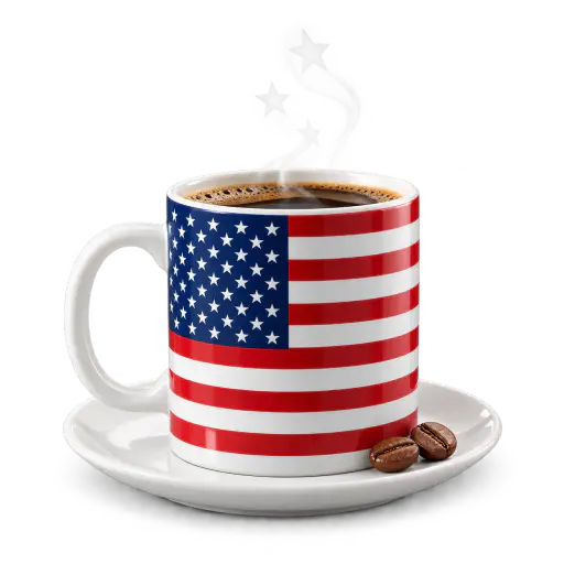 Packshot of a ceramic mug wrapped with a flag, canton by the handle, on a saucer. Thirteen stripes and a neat canton ride along.