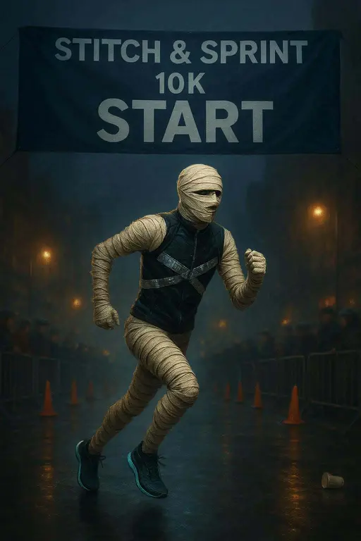 A mummy runner wrapped in layered linen and reflective tape sprints through a cordoned urban street at night under a start arch, motion blur on crowds and cones, damp asphalt reflecting shoe lights.