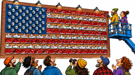 Mural painting a giant flag whose stripes are rows of sneakers with spray cap stars. Thirteen stripes and a neat canton hit the wall.