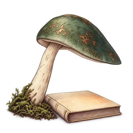 Botanical copperplate engraving of a single luminous mushroom whose curved stem arches its domed cap over a small closed book like a reading lamp, glow carried as a pale wash on the cover — an original gothic mushroom Halloween illustration in aubergine ink with green and copper gouache on transparency.