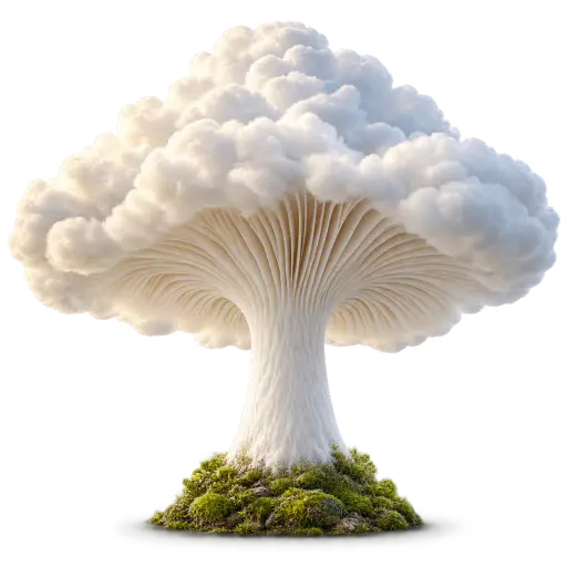 Mushroom cloud: a single towering mushroom stalk rising into a billowing white cloud cap with clearly visible gills beneath, isolated on transparency.