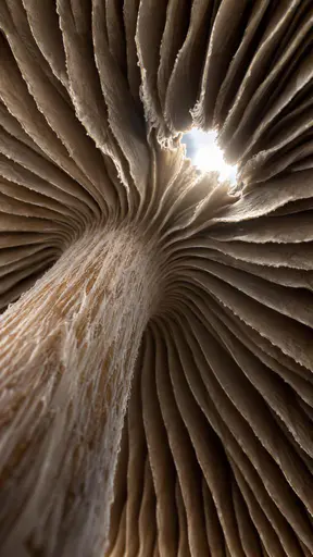 The underside of one mushroom seen from inside and below as a vaulted interior, radial gills of dry velvety tissue sweeping from the lower corner and converging overhead on one small irregular tear where bright daylight flares as the single light source.