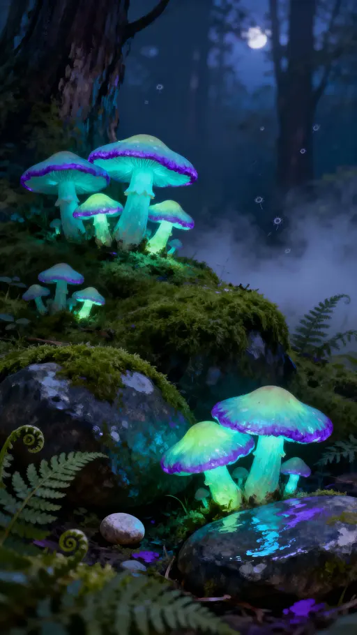 Moonlit glowing mushrooms spread across damp moss in a vertical 9:16 scene, their bioluminescent caps casting soft indigo, teal, lime, and violet reflections while cool mist frames the tall crop.