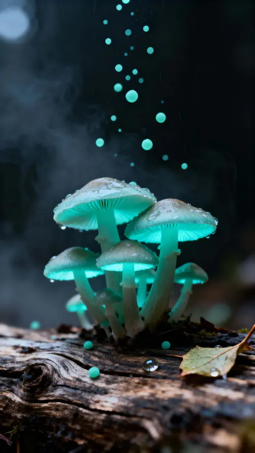 Macro view of glowing teal-gilled mushrooms clustered on damp driftwood in a vertical frame, mint motes float and shallow depth keeps the foreground crisp while forest hints fade to black, with specific negative space and dark corner zones.