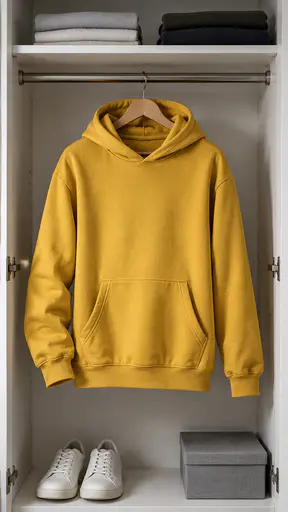 An open white wardrobe holds a plain mustard hoodie on a rail with the hood and the inside neckline visible, folded garments on the shelf above and a pair of shoes below.