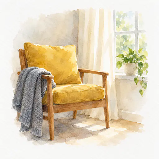 A plain mustard linen cushion sits on a wooden armchair beside a window with a cream curtain and a grey knitted blanket over the arm in negative painted watercolor.