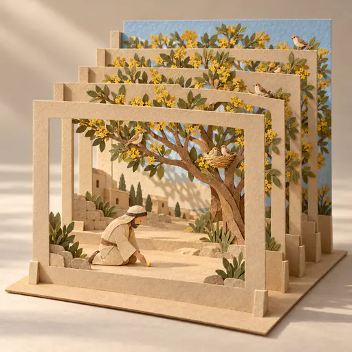 A small figure in a sand robe kneels beside a tiny mustard seed while a great paper mustard tree rises behind through layered planes where paper birds perch and nest in a pop up stage.